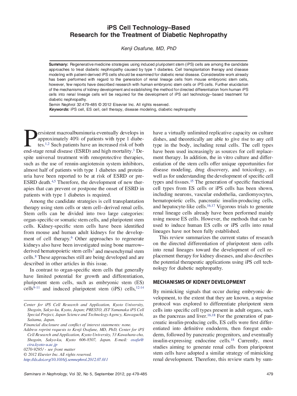 iPS Cell Technology–Based Research for the Treatment of Diabetic Nephropathy 