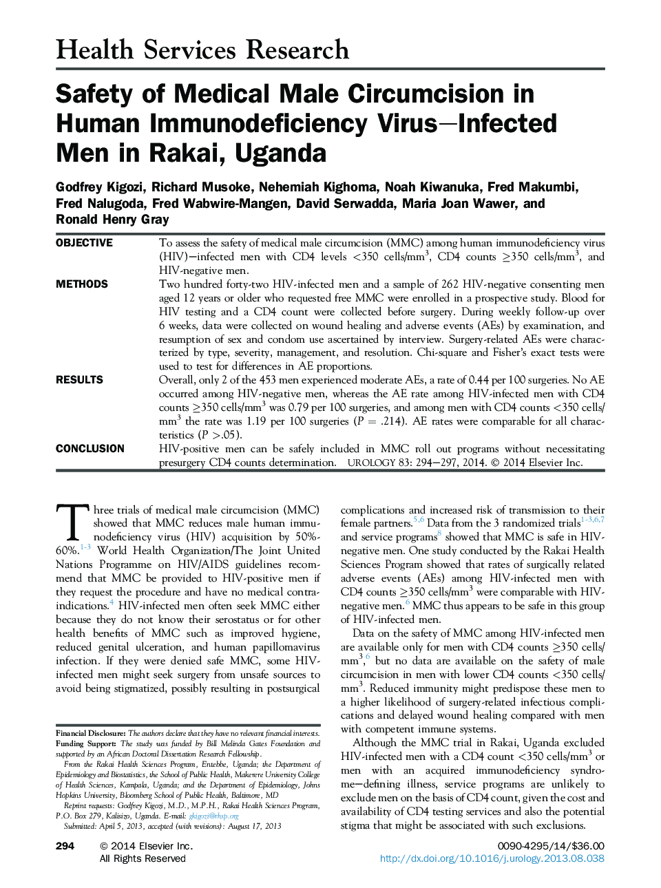 Safety of Medical Male Circumcision in Human Immunodeficiency Virus–Infected Men in Rakai, Uganda 