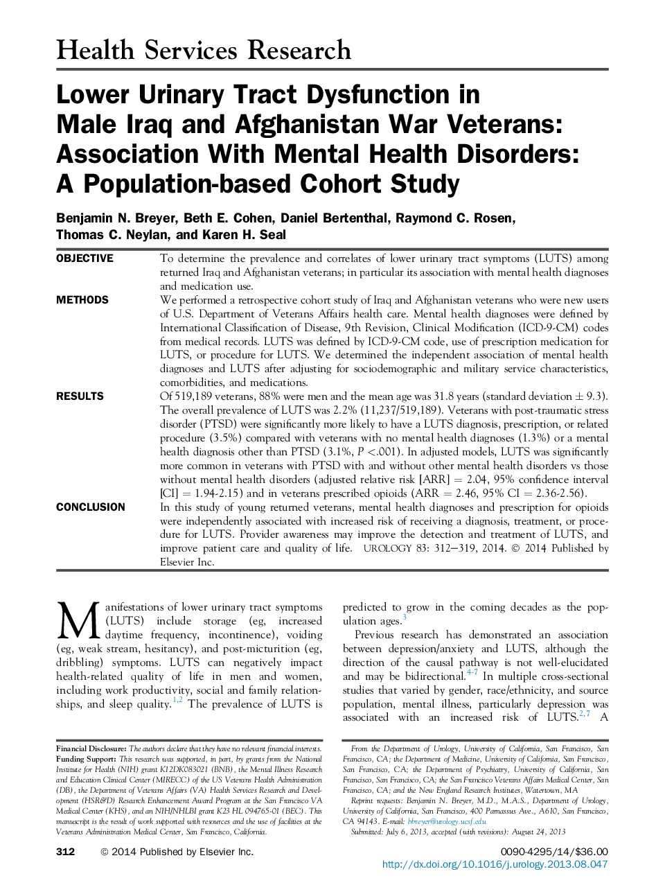 Lower Urinary Tract Dysfunction in Male Iraq and Afghanistan War Veterans: Association With Mental Health Disorders: AÂ Population-based Cohort Study