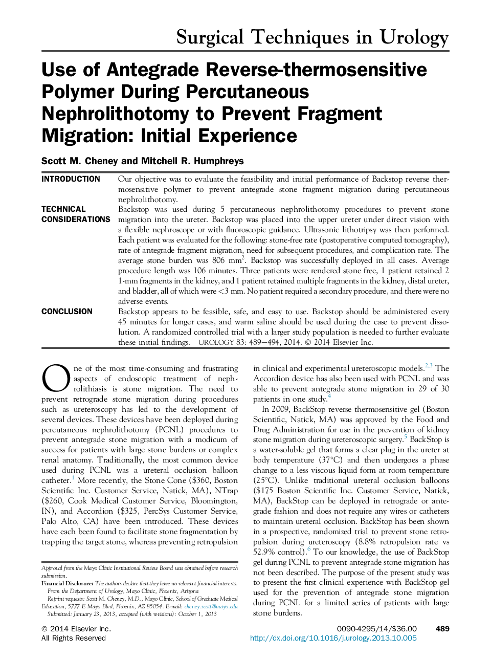 Use of Antegrade Reverse-thermosensitive Polymer During Percutaneous Nephrolithotomy to Prevent Fragment Migration: Initial Experience 