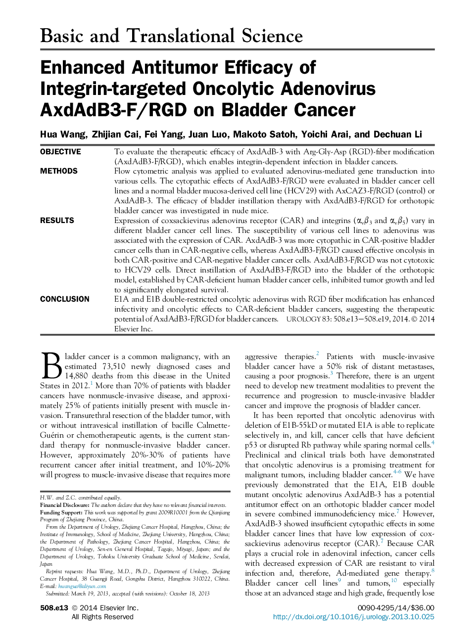 Enhanced Antitumor Efficacy of Integrin-targeted Oncolytic Adenovirus AxdAdB3-F/RGD on Bladder Cancer
