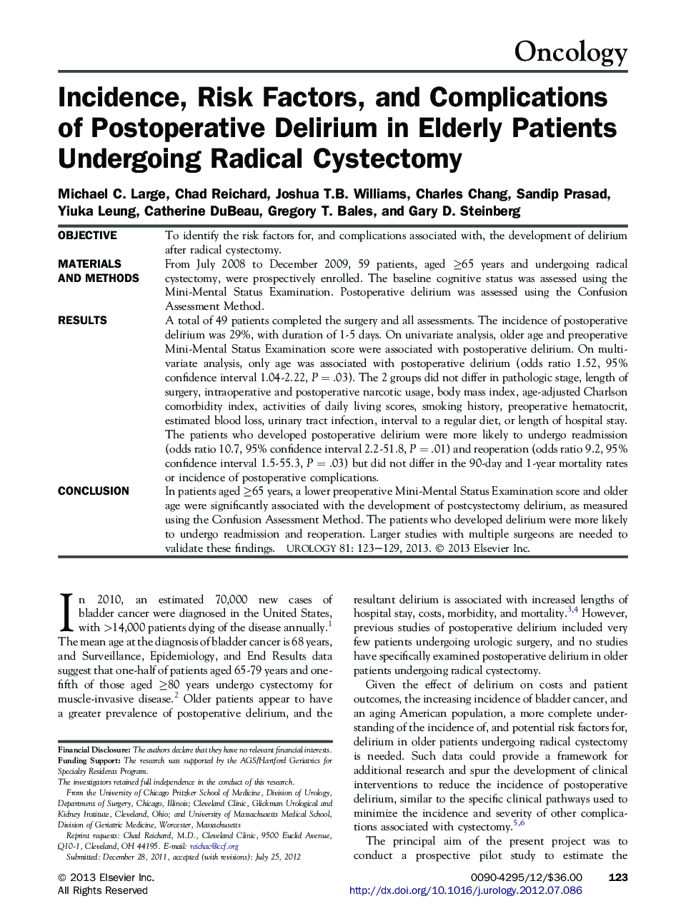 Incidence, Risk Factors, and Complications of Postoperative Delirium in Elderly Patients Undergoing Radical Cystectomy 