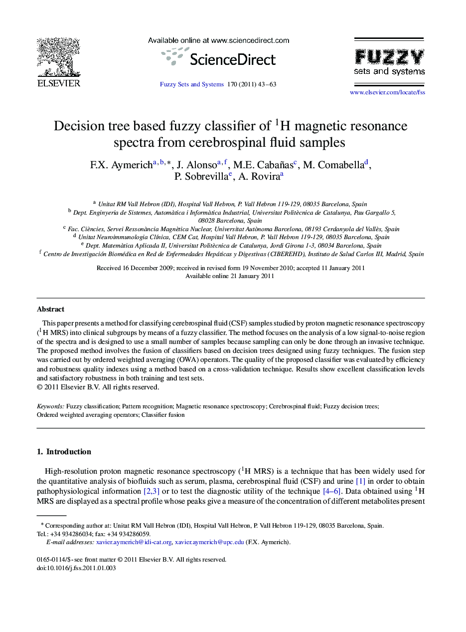 Decision tree based fuzzy classifier of  magnetic resonance spectra from cerebrospinal fluid samples