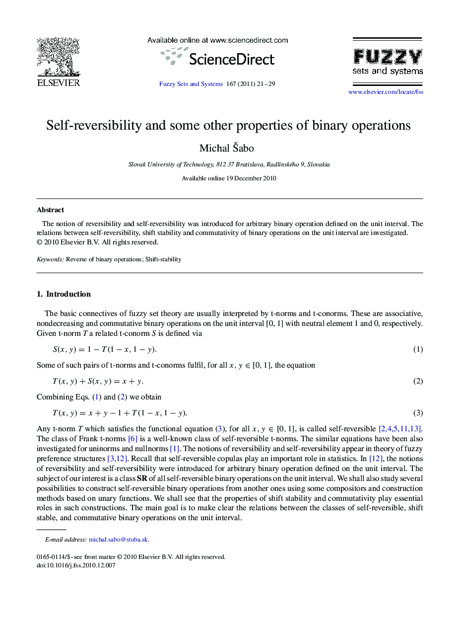 Self-reversibility and some other properties of binary operations
