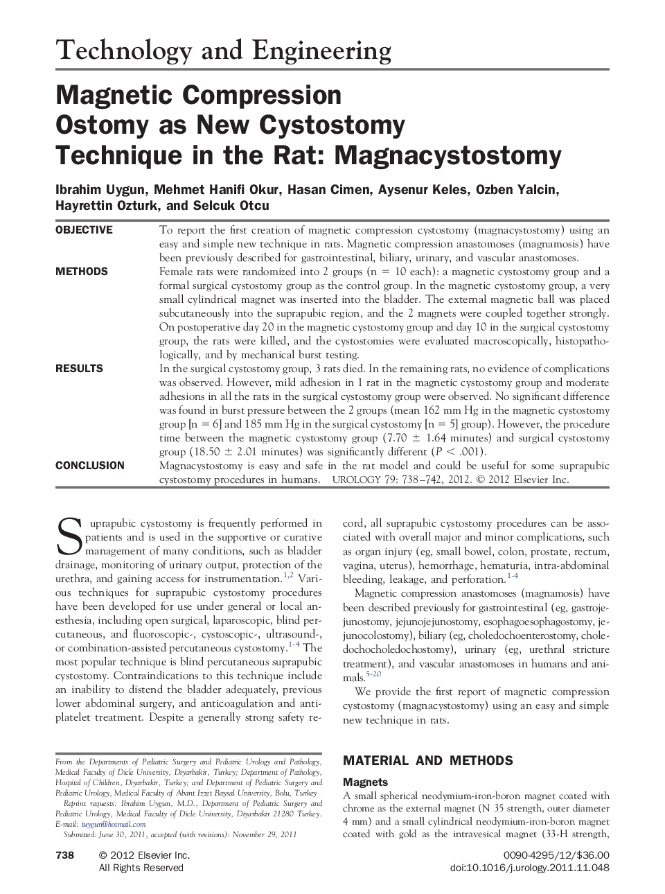 Magnetic Compression Ostomy as New Cystostomy Technique in the Rat: Magnacystostomy