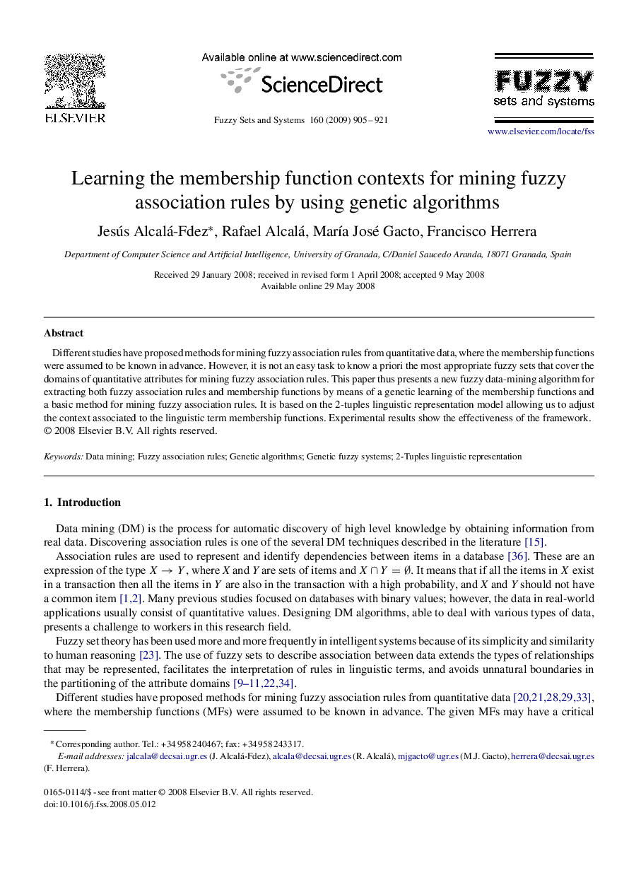 Learning the membership function contexts for mining fuzzy association rules by using genetic algorithms