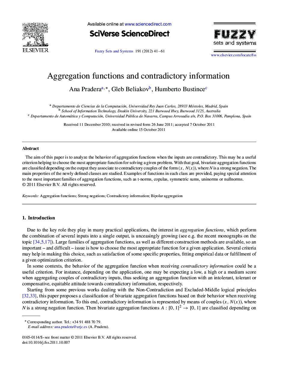 Aggregation functions and contradictory information