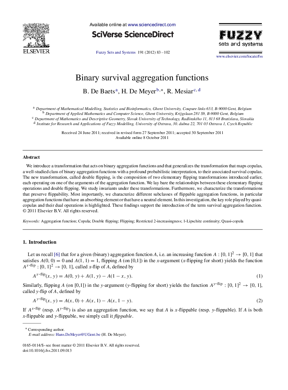 Binary survival aggregation functions
