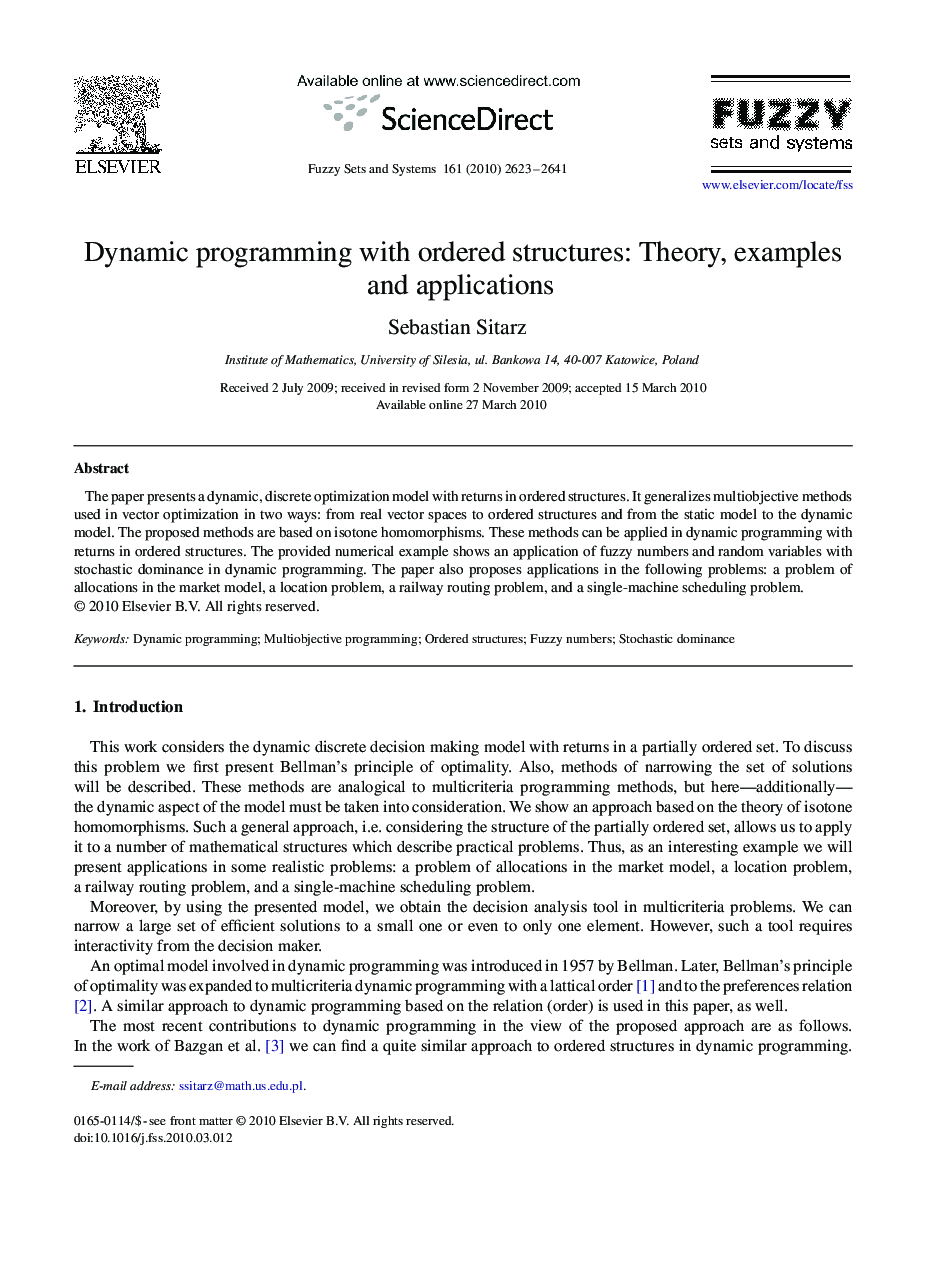 Dynamic programming with ordered structures: Theory, examples and applications