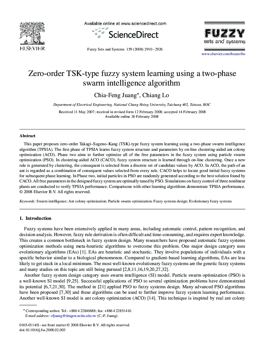 Zero-order TSK-type fuzzy system learning using a two-phase swarm intelligence algorithm