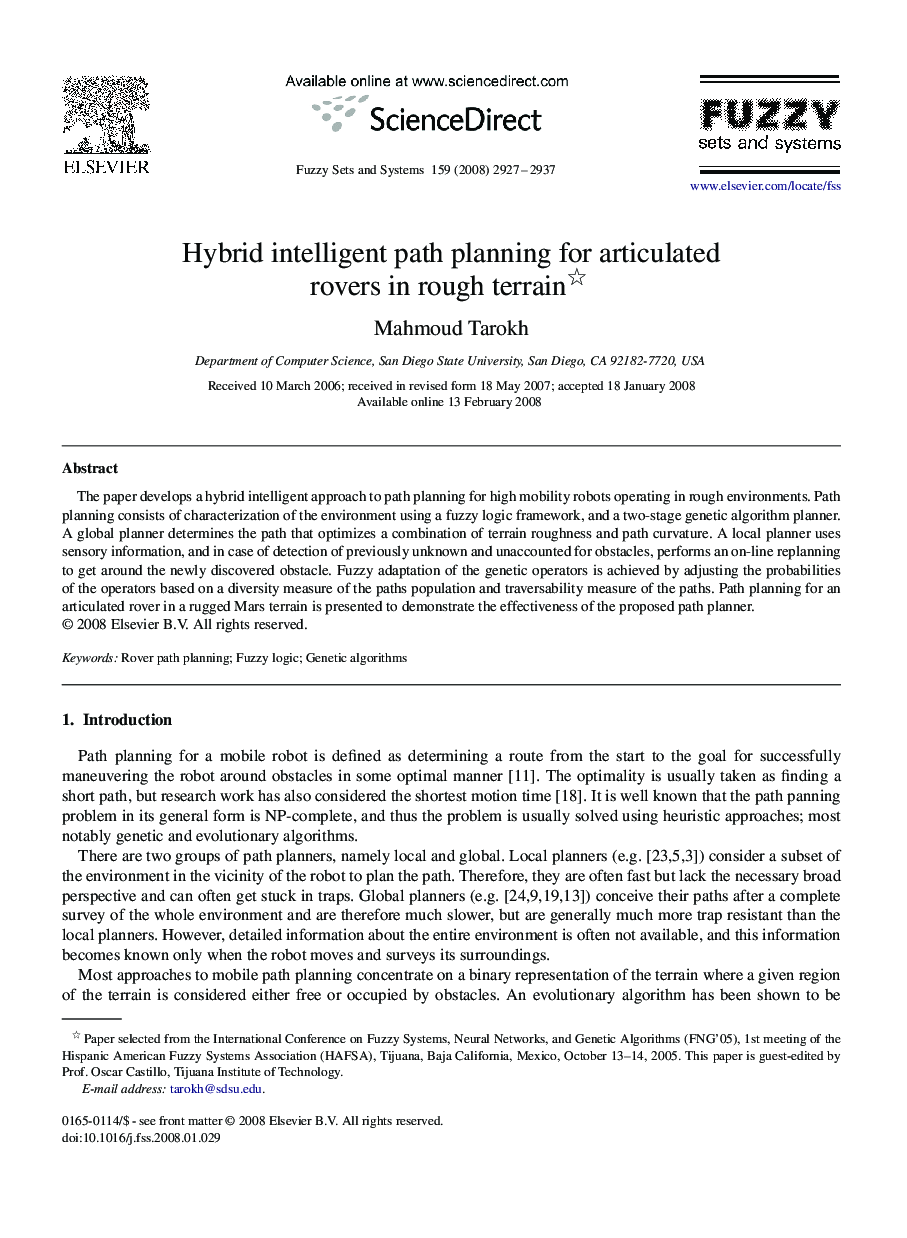 Hybrid intelligent path planning for articulated rovers in rough terrain 
