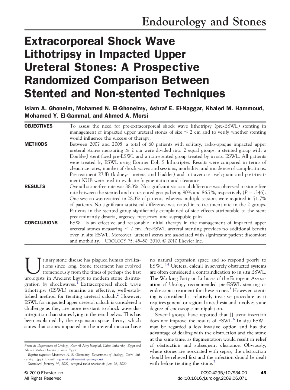 Extracorporeal Shock Wave Lithotripsy in Impacted Upper Ureteral Stones: A Prospective Randomized Comparison Between Stented and Non-stented Techniques
