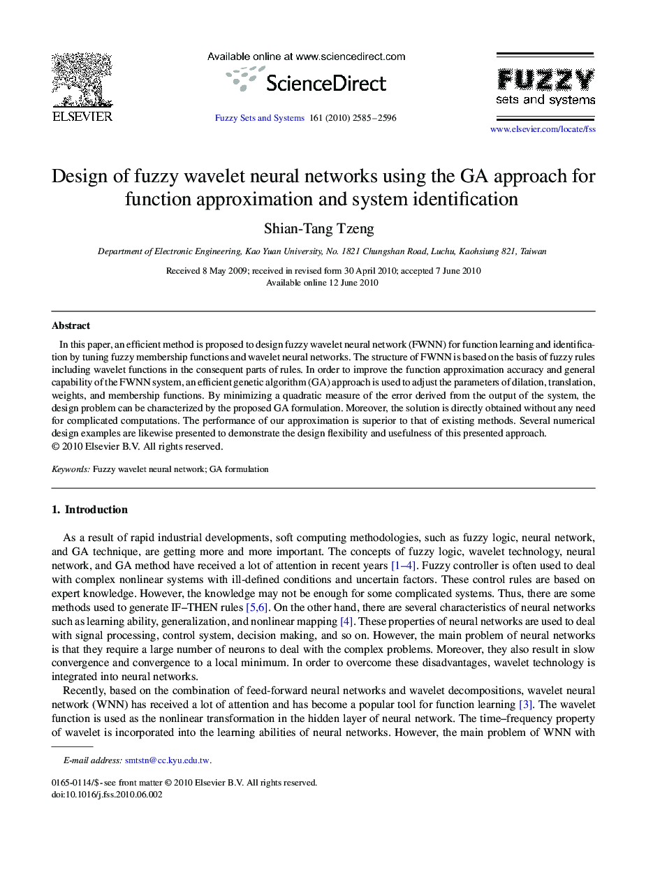 Design of fuzzy wavelet neural networks using the GA approach for function approximation and system identification