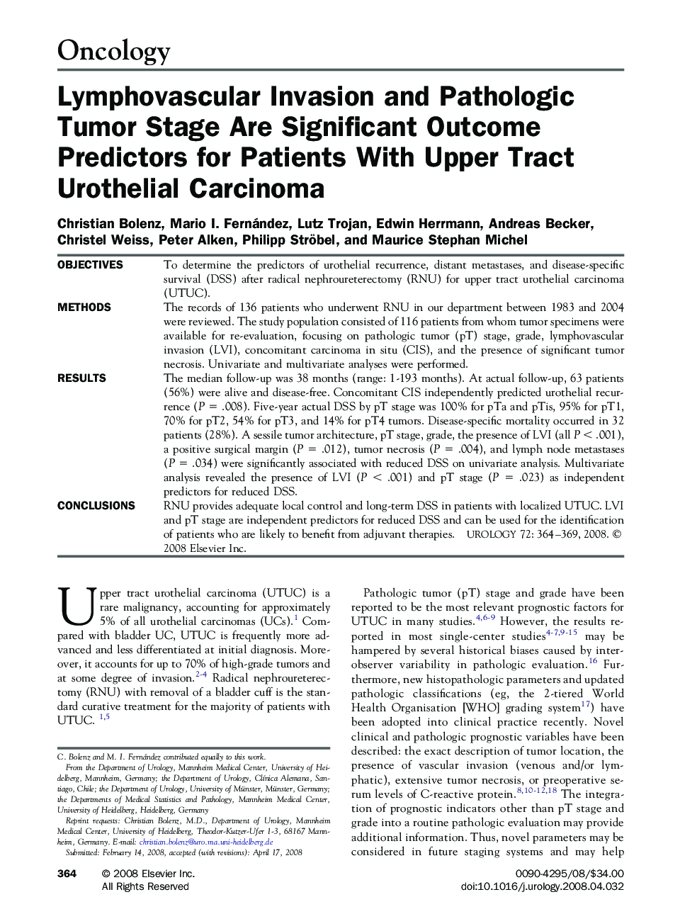 Lymphovascular Invasion and Pathologic Tumor Stage Are Significant Outcome Predictors for Patients With Upper Tract Urothelial Carcinoma 
