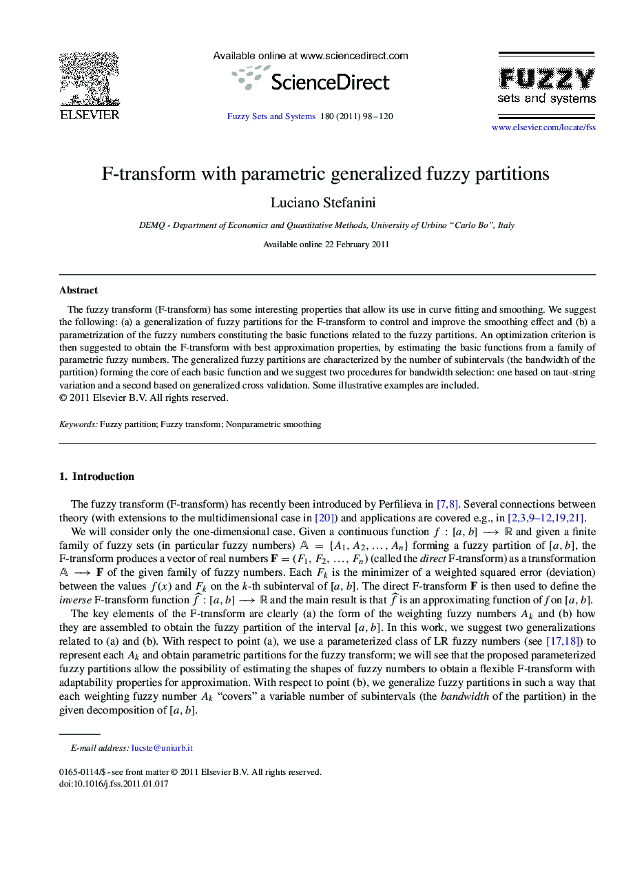 F-transform with parametric generalized fuzzy partitions