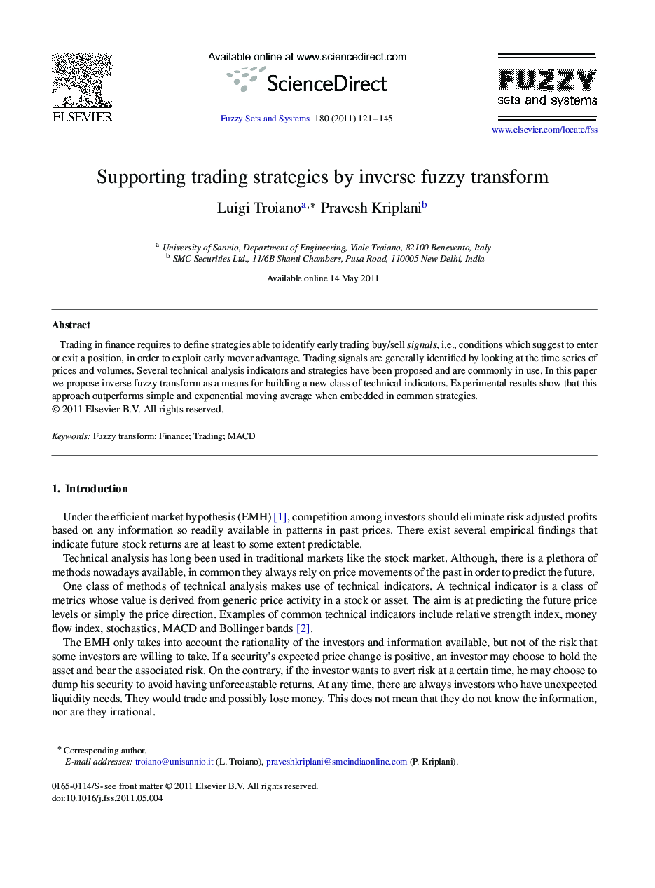 Supporting trading strategies by inverse fuzzy transform