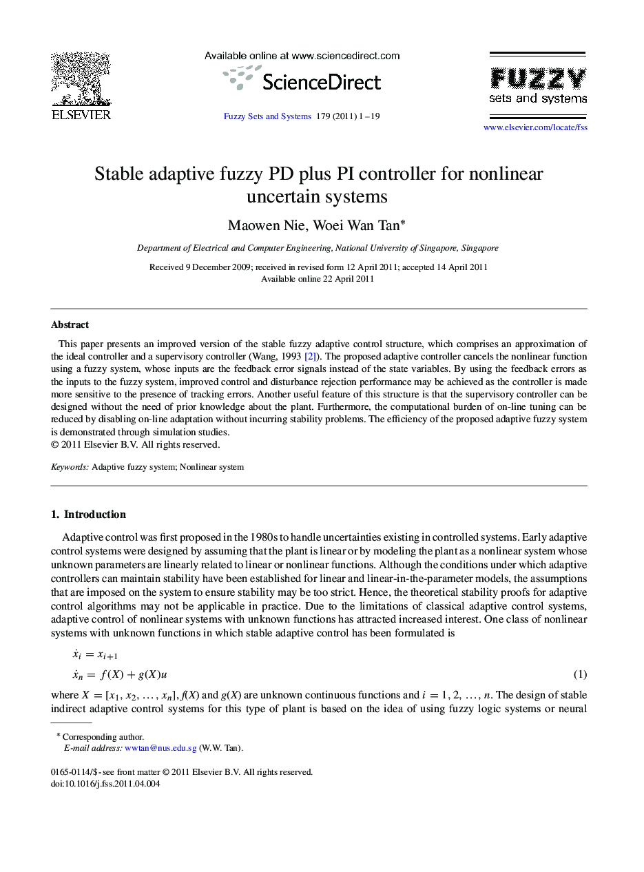 Stable adaptive fuzzy PD plus PI controller for nonlinear uncertain systems