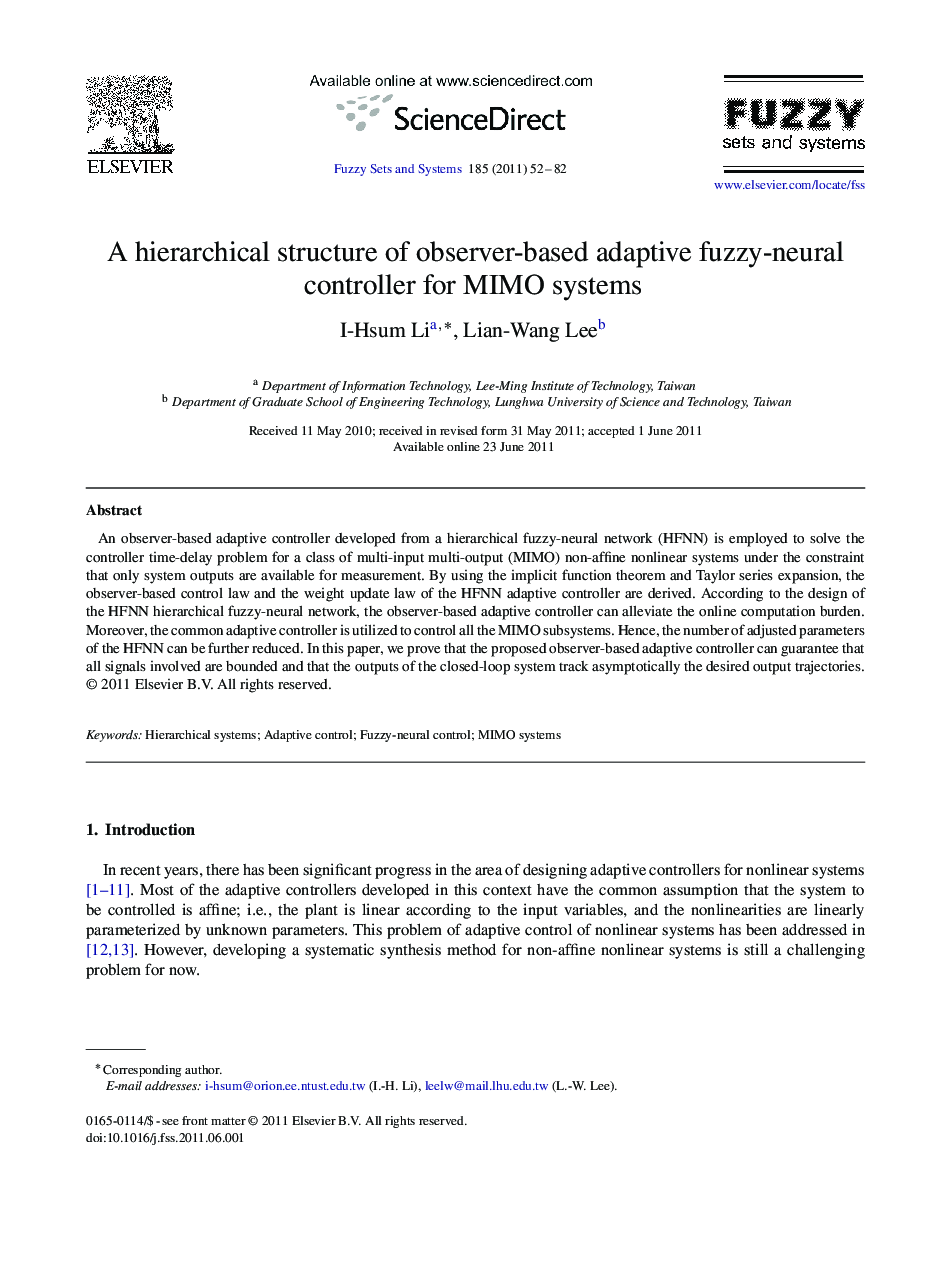 A hierarchical structure of observer-based adaptive fuzzy-neural controller for MIMO systems