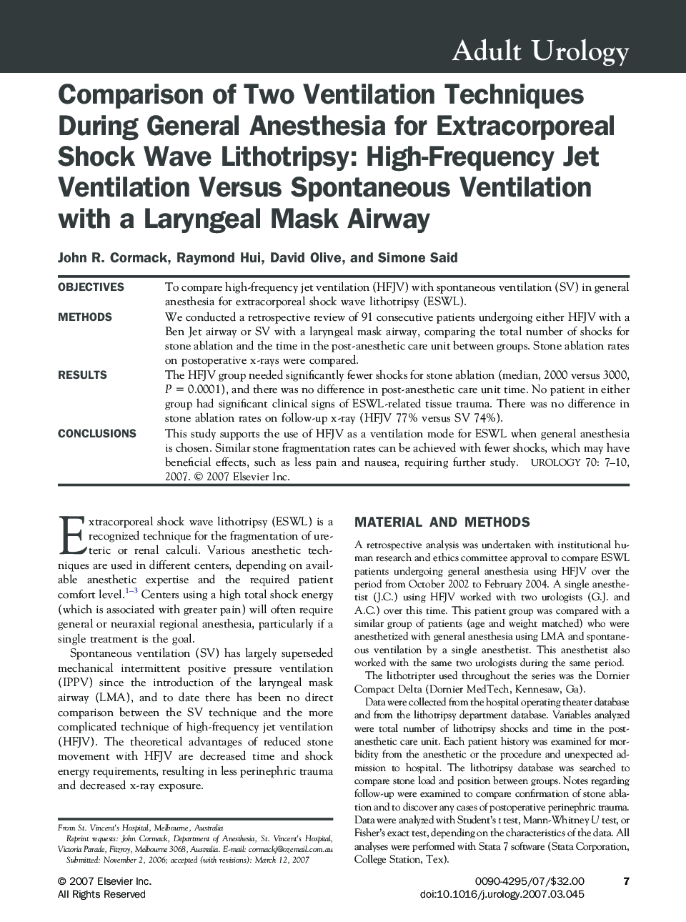 Comparison of Two Ventilation Techniques During General Anesthesia for Extracorporeal Shock Wave Lithotripsy: High-Frequency Jet Ventilation Versus Spontaneous Ventilation with a Laryngeal Mask Airway
