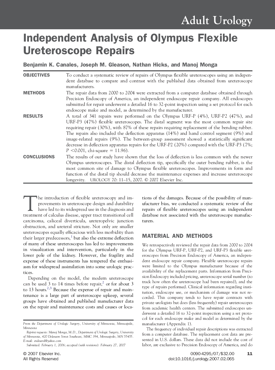 Independent Analysis of Olympus Flexible Ureteroscope Repairs