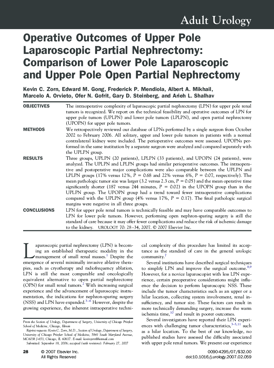 Operative Outcomes of Upper Pole Laparoscopic Partial Nephrectomy: Comparison of Lower Pole Laparoscopic and Upper Pole Open Partial Nephrectomy