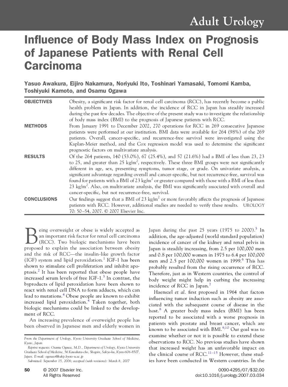 Influence of Body Mass Index on Prognosis of Japanese Patients with Renal Cell Carcinoma