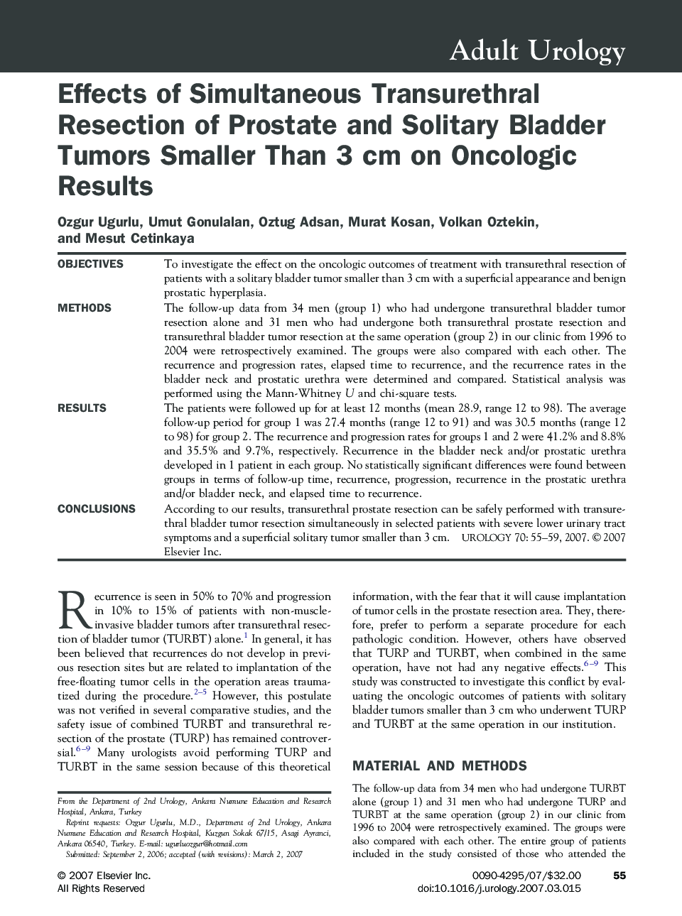 Effects of Simultaneous Transurethral Resection of Prostate and Solitary Bladder Tumors Smaller Than 3 cm on Oncologic Results