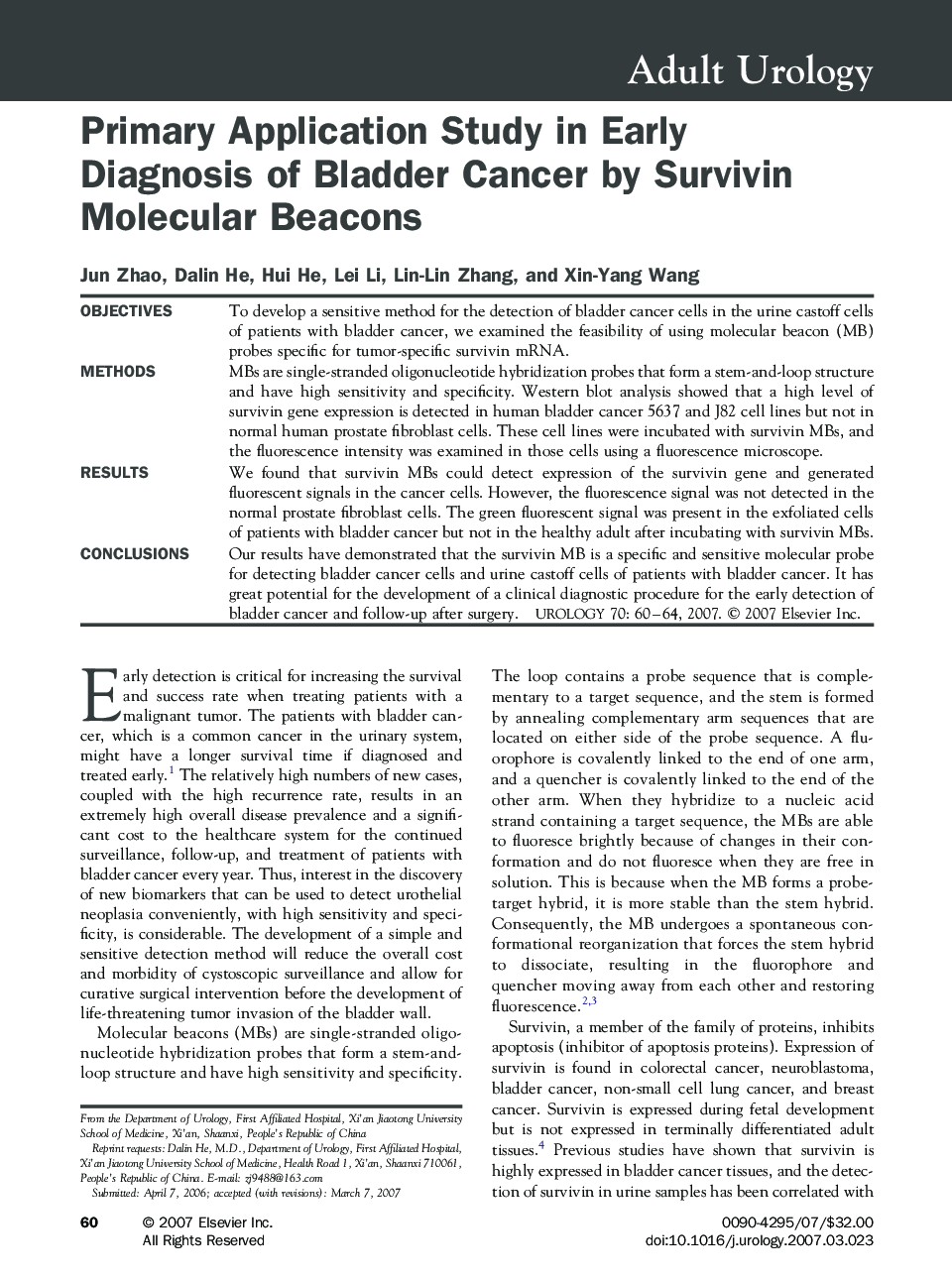 Primary Application Study in Early Diagnosis of Bladder Cancer by Survivin Molecular Beacons