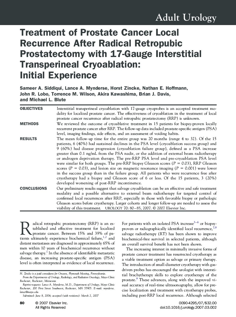 Treatment of Prostate Cancer Local Recurrence After Radical Retropubic Prostatectomy with 17-Gauge Interstitial Transperineal Cryoablation: Initial Experience