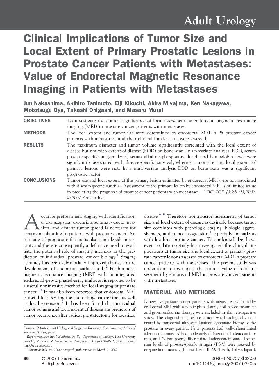 Clinical Implications of Tumor Size and Local Extent of Primary Prostatic Lesions in Prostate Cancer Patients with Metastases: Value of Endorectal Magnetic Resonance Imaging in Patients with Metastases
