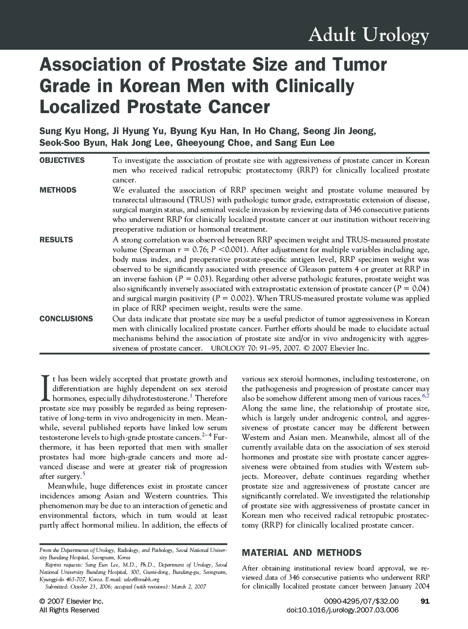 Association of Prostate Size and Tumor Grade in Korean Men with Clinically Localized Prostate Cancer