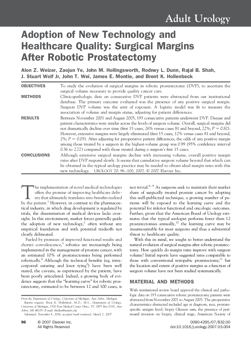 Adoption of New Technology and Healthcare Quality: Surgical Margins After Robotic Prostatectomy