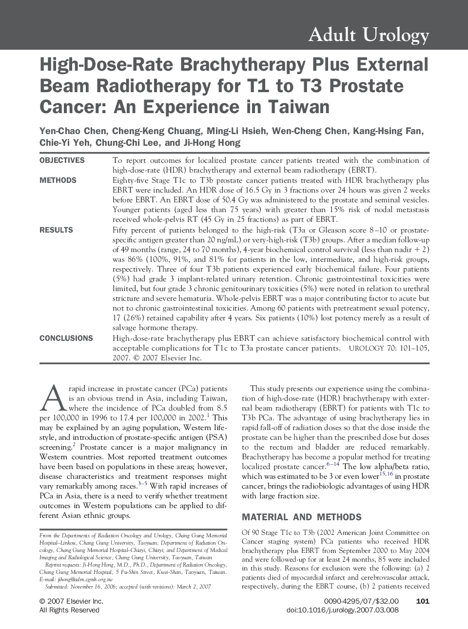 High-Dose-Rate Brachytherapy Plus External Beam Radiotherapy for T1 to T3 Prostate Cancer: An Experience in Taiwan