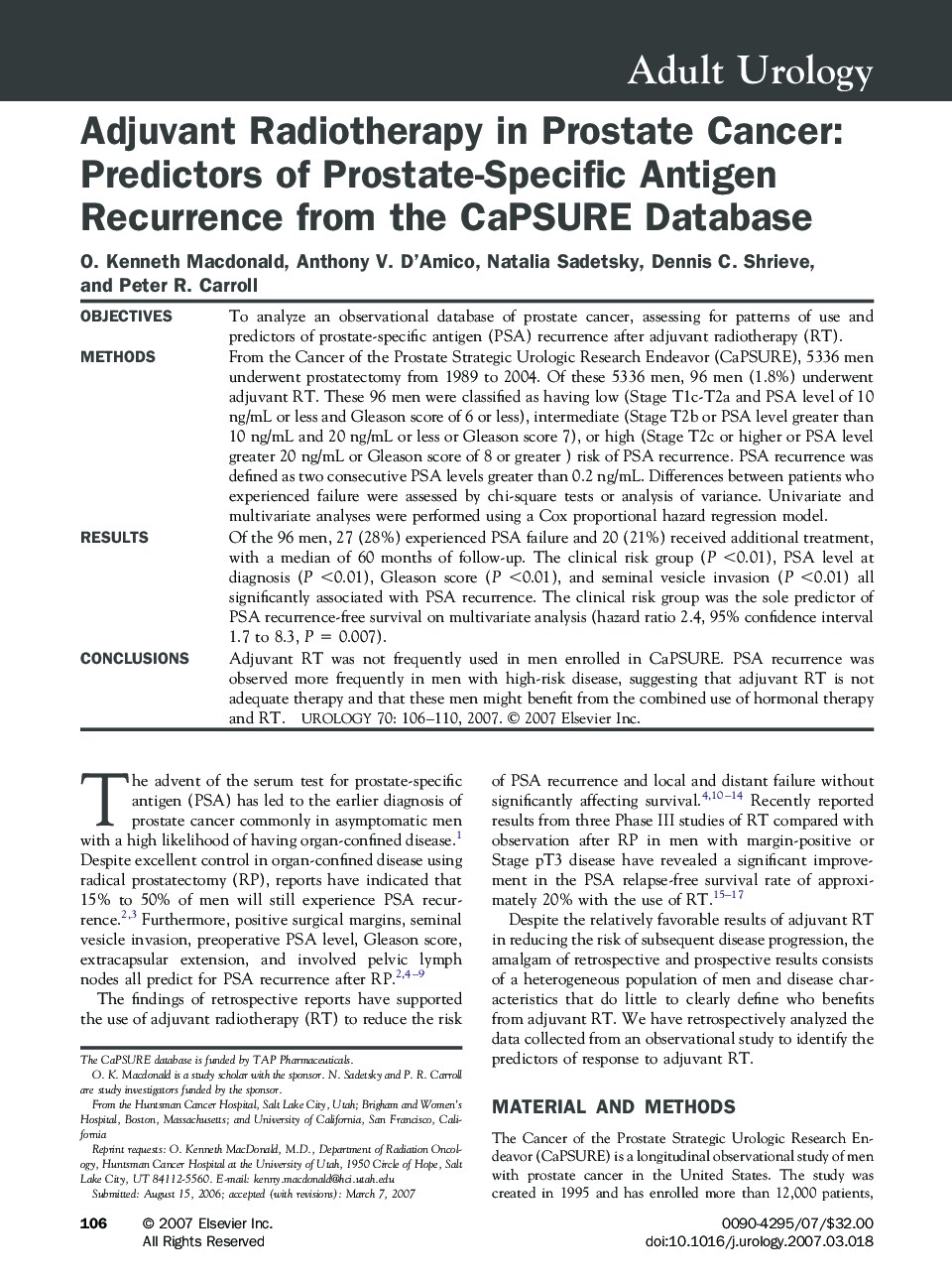 Adjuvant Radiotherapy in Prostate Cancer: Predictors of Prostate-Specific Antigen Recurrence from the CaPSURE Database