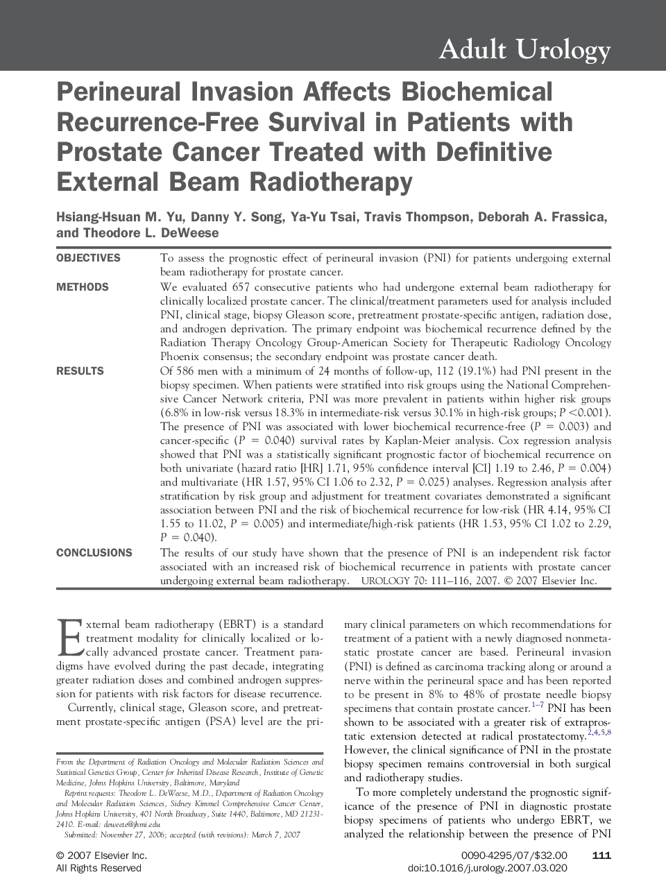 Perineural Invasion Affects Biochemical Recurrence-Free Survival in Patients with Prostate Cancer Treated with Definitive External Beam Radiotherapy