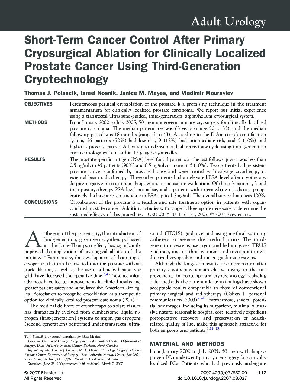 Short-Term Cancer Control After Primary Cryosurgical Ablation for Clinically Localized Prostate Cancer Using Third-Generation Cryotechnology