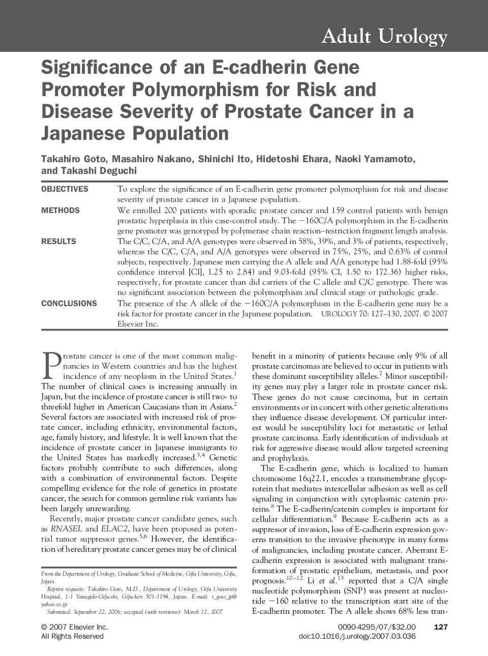 Significance of an E-cadherin Gene Promoter Polymorphism for Risk and Disease Severity of Prostate Cancer in a Japanese Population