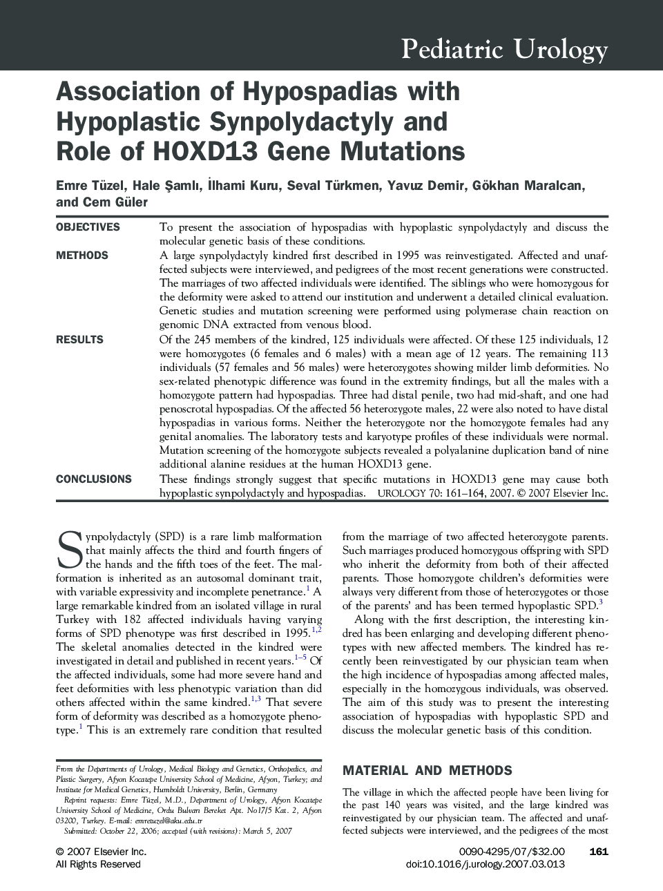 Association of Hypospadias with Hypoplastic Synpolydactyly and Role of HOXD13 Gene Mutations