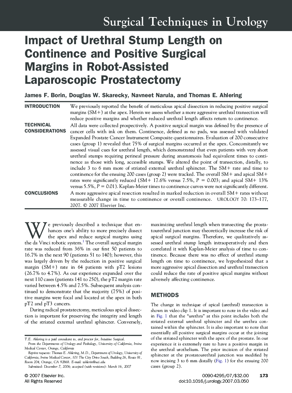 Impact of Urethral Stump Length on Continence and Positive Surgical Margins in Robot-Assisted Laparoscopic Prostatectomy