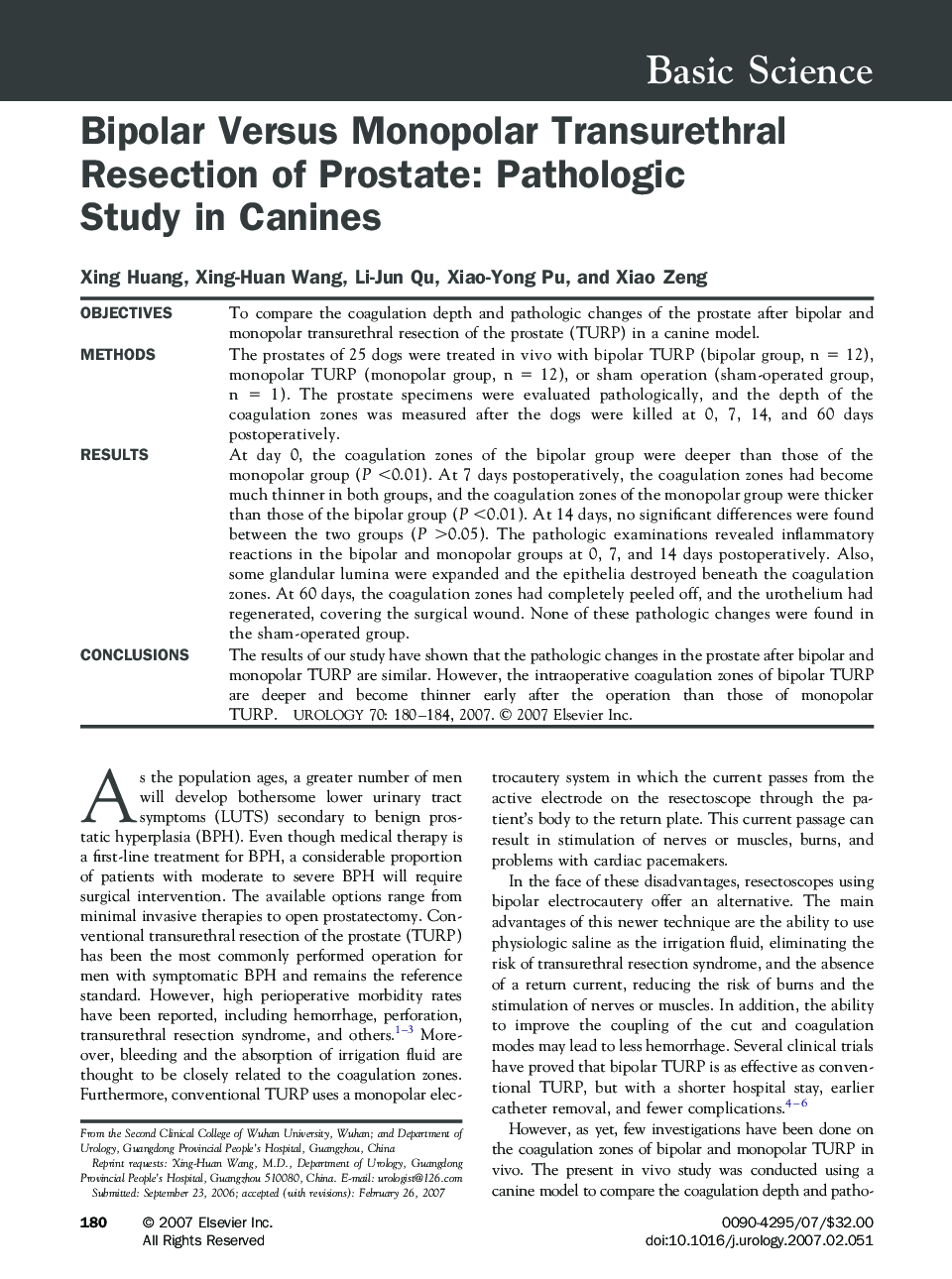 Bipolar Versus Monopolar Transurethral Resection of Prostate: Pathologic Study in Canines