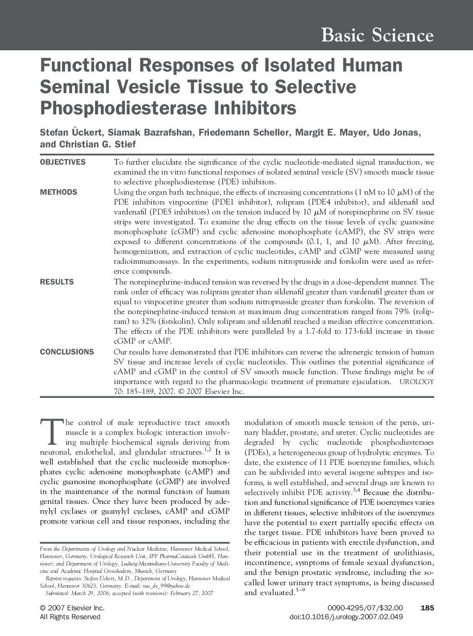 Functional Responses of Isolated Human Seminal Vesicle Tissue to Selective Phosphodiesterase Inhibitors