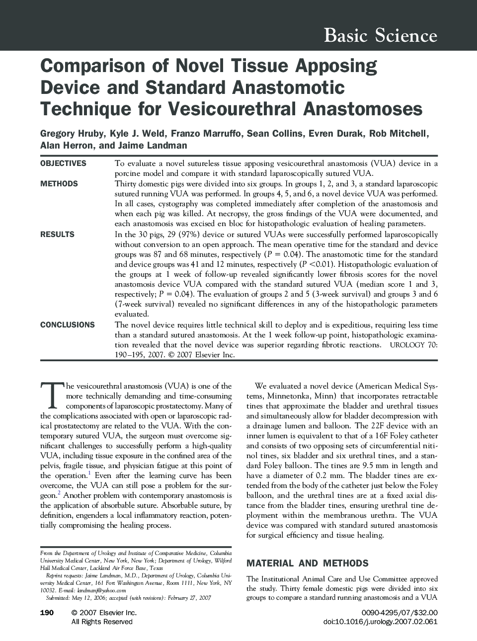 Comparison of Novel Tissue Apposing Device and Standard Anastomotic Technique for Vesicourethral Anastomoses