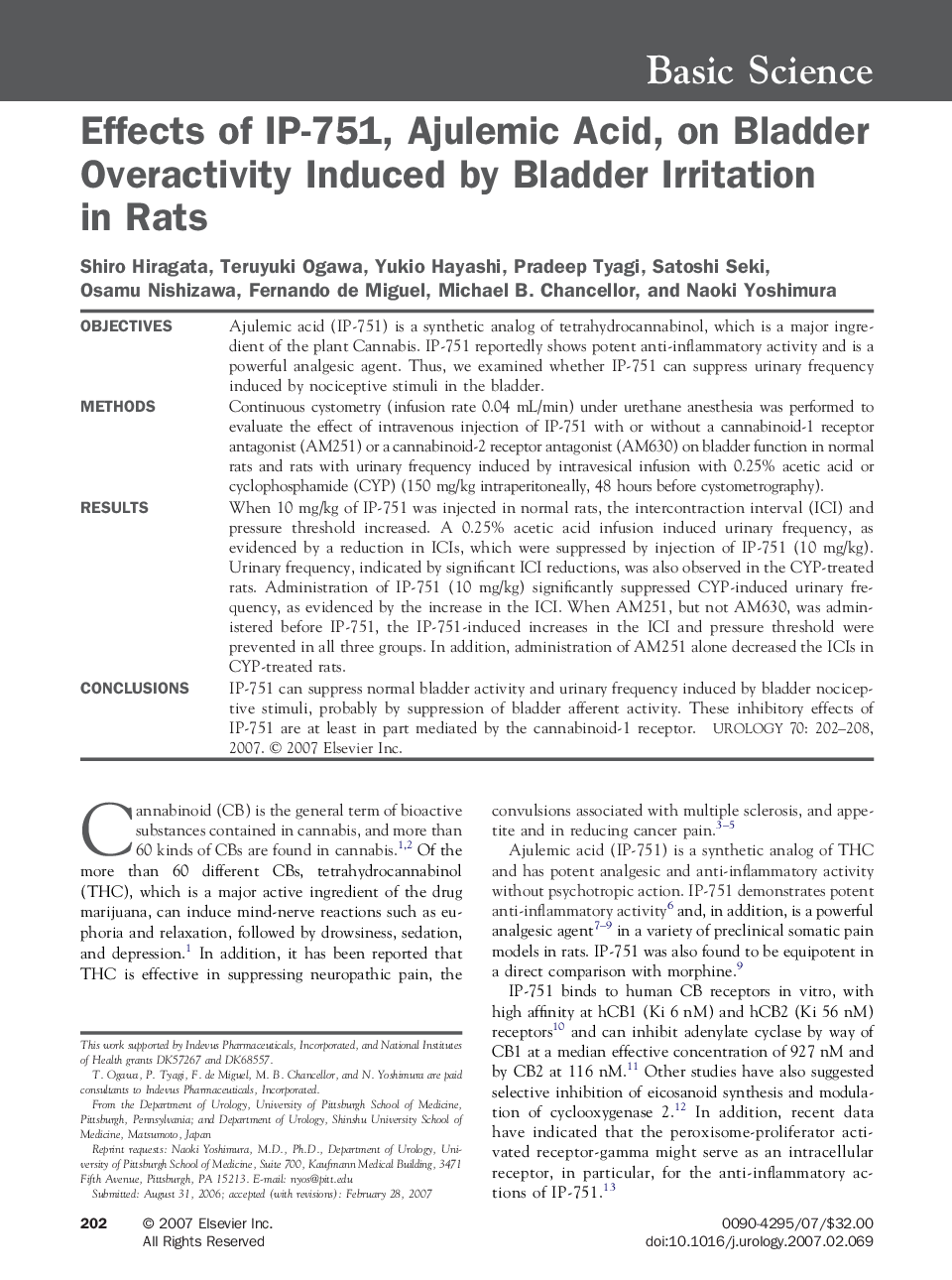 Effects of IP-751, Ajulemic Acid, on Bladder Overactivity Induced by Bladder Irritation in Rats 