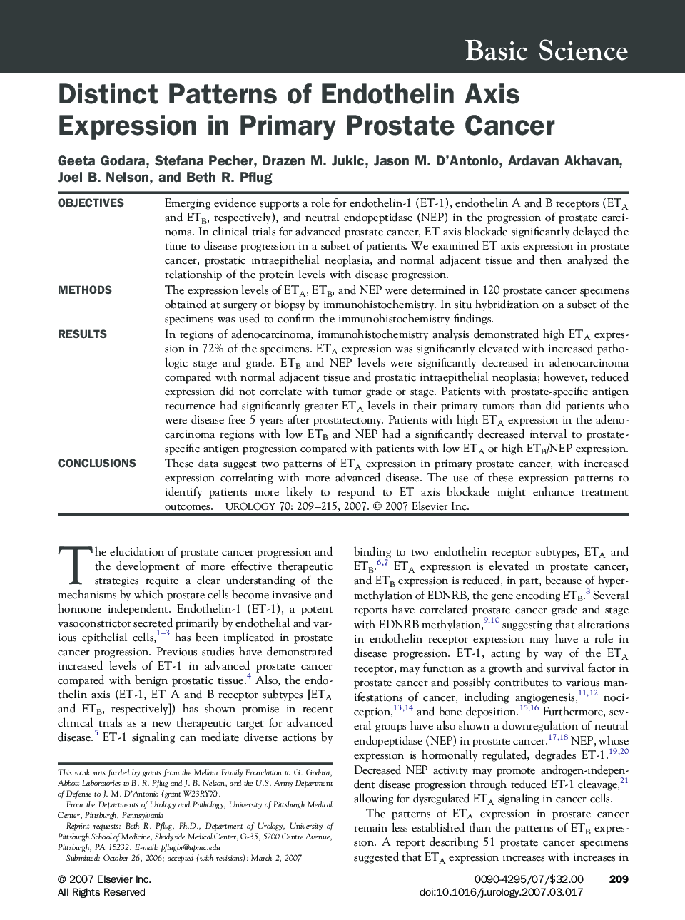 Distinct Patterns of Endothelin Axis Expression in Primary Prostate Cancer