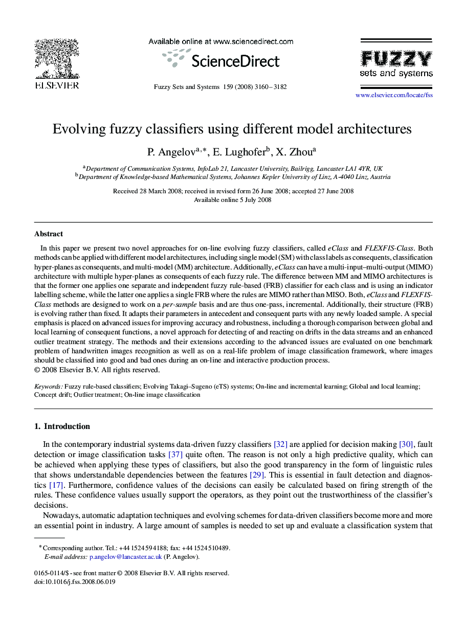 Evolving fuzzy classifiers using different model architectures