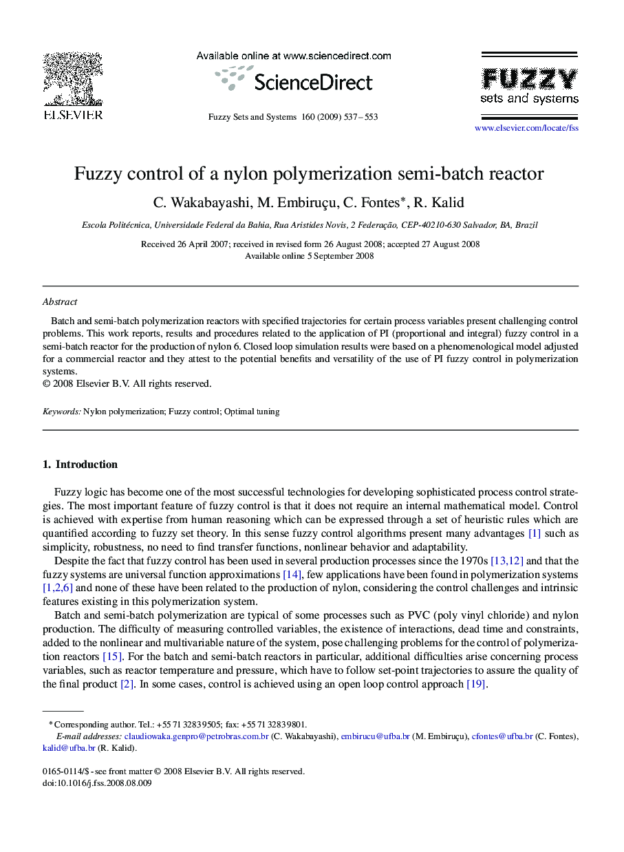 Fuzzy control of a nylon polymerization semi-batch reactor