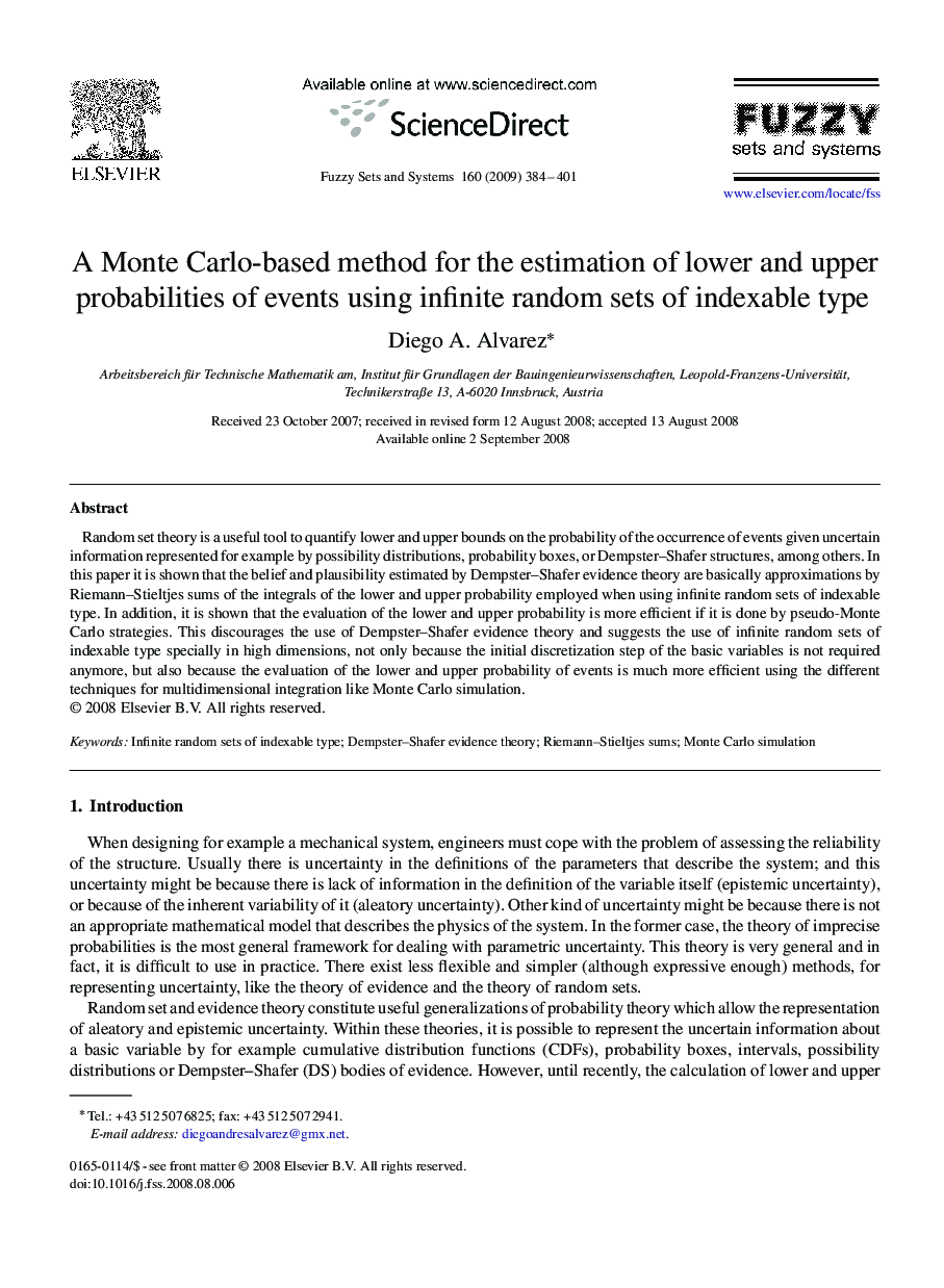 A Monte Carlo-based method for the estimation of lower and upper probabilities of events using infinite random sets of indexable type