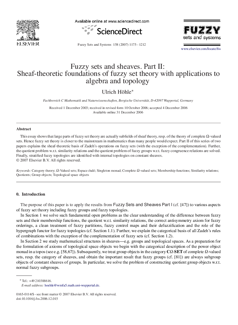 Fuzzy sets and sheaves. Part II:: Sheaf-theoretic foundations of fuzzy set theory with applications to algebra and topology