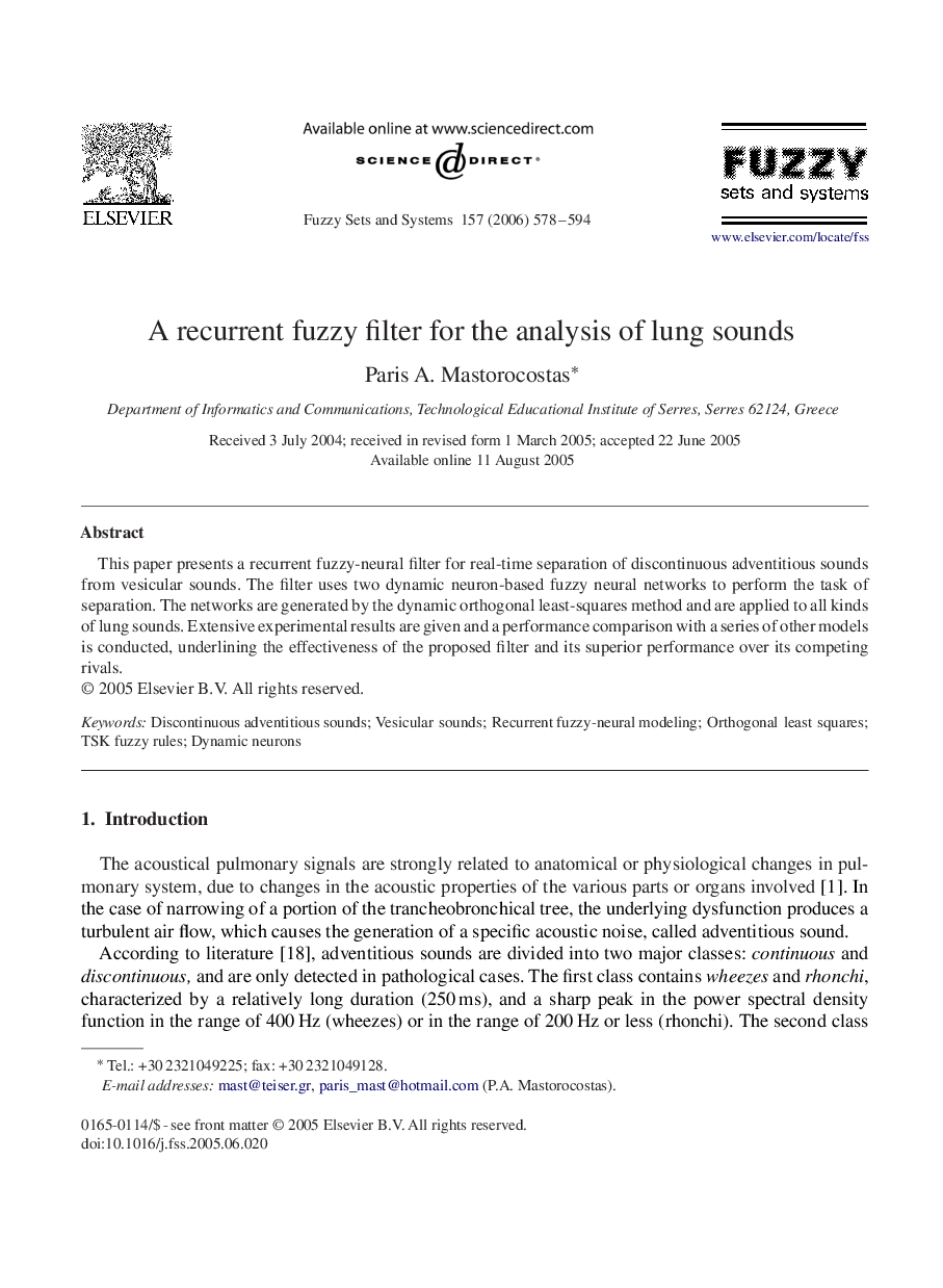 A recurrent fuzzy filter for the analysis of lung sounds