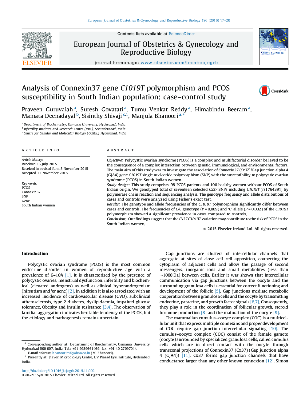 تجزیه و تحلیل پلی مورفیسم ژن Connexin37 C1019T و حساسیت پذیری PCOS در جمعیت هند جنوبی: مطالعه موردی تحت کنترل